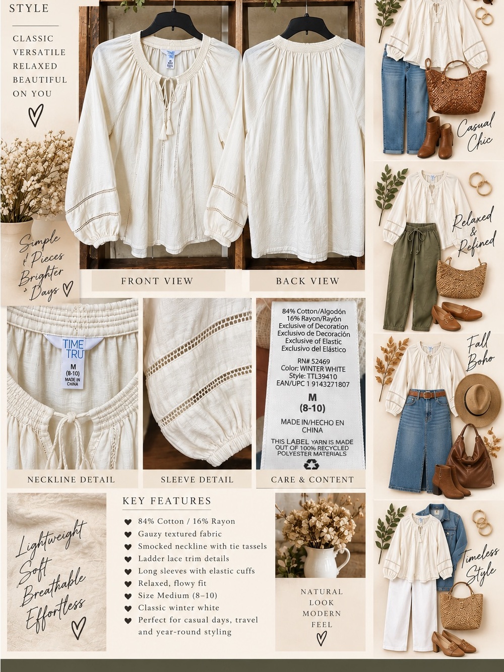 Winter White Smocked Peasant Blouse